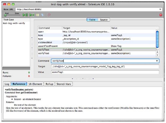 The Selenium IDE editor—note the context-sensitive help in the Reference tab The Selenium IDE editor—note the context-sensitive help in the Reference tab